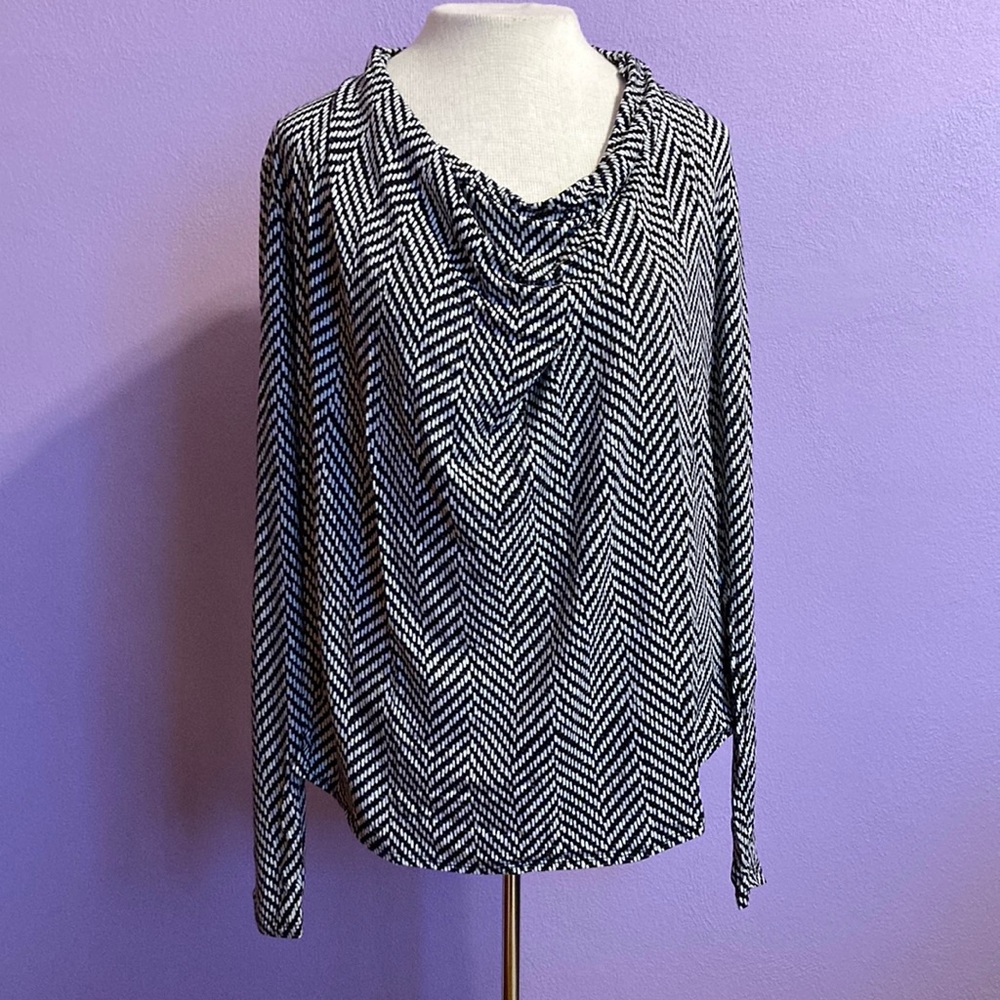 Michael Kors Black and White Herringbone Cowl Neck Long Sleeve Blouse Size Small